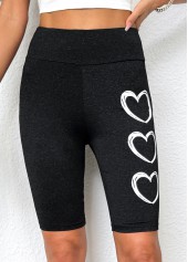 Black bottoms,Heart bottoms,Heart Print Black High Waisted Elastic Waist Short Leggings