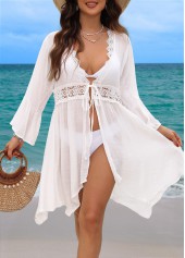 White swimwear,Plain Color swimwear,White Long Sleeve V Neck Cover Up