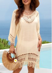 Beige swimwear,Plain Color swimwear,Beige V Neck Hollow Out Cover Up