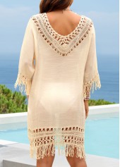 Beige swimwear,Plain Color swimwear,Beige V Neck Hollow Out Cover Up