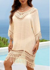 Beige swimwear,Plain Color swimwear,Beige V Neck Hollow Out Cover Up