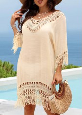 Beige swimwear,Plain Color swimwear,Beige V Neck Hollow Out Cover Up