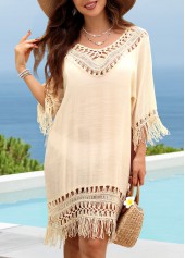 Beige swimwear,Plain Color swimwear,Beige V Neck Hollow Out Cover Up