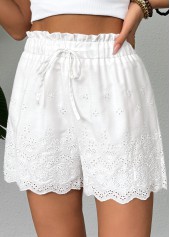 White bottoms,Plain Color bottoms,White Straight Leg Elastic Waist Mid Waisted Shorts
