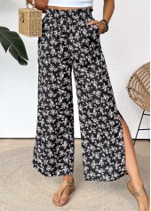 Schwarze Hose mit weitem Bein und elastischer Taille und kleinem Blumenmuster