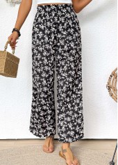 Black bottoms,Ditsy Floral bottoms,Ditsy Floral Print Black Wide Leg Elastic Waist Pants