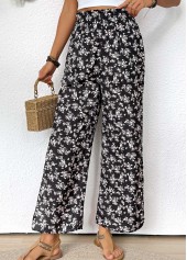 Black bottoms,Ditsy Floral bottoms,Ditsy Floral Print Black Wide Leg Elastic Waist Pants