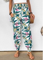Green bottoms,Plants bottoms,Tropical Plants Print Green Jogger Elastic Waist Pants