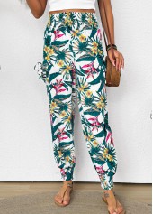 Green bottoms,Plants bottoms,Tropical Plants Print Green Jogger Elastic Waist Pants
