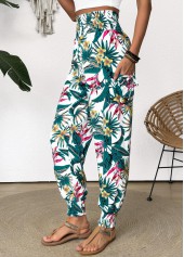 Green bottoms,Plants bottoms,Tropical Plants Print Green Jogger Elastic Waist Pants