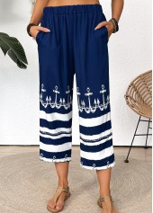 dunkelblaue Hose mit geradem Bein und elastischer Taille im Tribal-Print