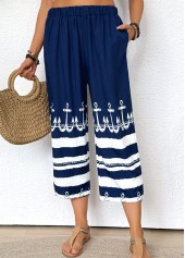 Dark Blue bottoms,Tribal bottoms,Striped bottoms,Geometric bottoms,Tribal Print Dark Blue Straight Leg Elastic Waist Pants