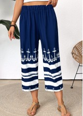 Dark Blue bottoms,Tribal bottoms,Striped bottoms,Geometric bottoms,Tribal Print Dark Blue Straight Leg Elastic Waist Pants