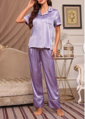 Purple loungewear,Plain Color loungewear,Purple Turn Down Collar Lounge Top and Pants