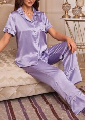 Purple loungewear,Plain Color loungewear,Purple Turn Down Collar Lounge Top and Pants