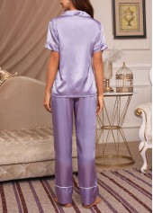Purple loungewear,Plain Color loungewear,Purple Turn Down Collar Lounge Top and Pants