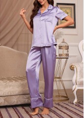 Purple loungewear,Plain Color loungewear,Purple Turn Down Collar Lounge Top and Pants