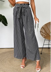 Dark Grey bottoms,Striped bottoms,Geometric bottoms,Striped Dark Grey Wide Leg Elastic Waist Pants