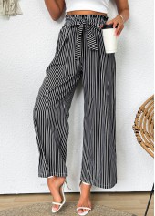 Dark Grey bottoms,Striped bottoms,Geometric bottoms,Striped Dark Grey Wide Leg Elastic Waist Pants