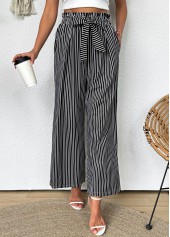 Dark Grey bottoms,Striped bottoms,Geometric bottoms,Striped Dark Grey Wide Leg Elastic Waist Pants