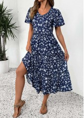 robe à manches courtes et col en V bleu marine à imprimé floral Rotita