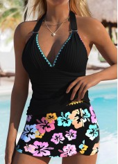 Black swimwear,Floral swimwear,Plants swimwear,ROTITA Black Floral Print Mid Waisted Tankini Set