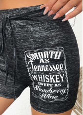 Black bottoms,Letter bottoms,Letter Print Black Skinny Drawastring High Waisted Shorts