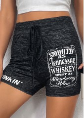 Black bottoms,Letter bottoms,Letter Print Black Skinny Drawastring High Waisted Shorts