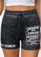Black bottoms,Letter bottoms,Letter Print Black Skinny Drawastring High Waisted Shorts