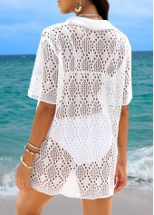 White swimwear,Plain Color swimwear,White Turn Down Collar Cover Up