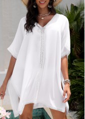 White swimwear,Plain Color swimwear,Tummy Coverage V Neck White Cover Up