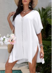 White swimwear,Plain Color swimwear,Tummy Coverage V Neck White Cover Up