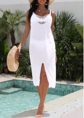 White swimwear,Plain Color swimwear,Tummy Coverage White V Neck Cover Up