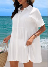 White swimwear,Plain Color swimwear,White Shirt Collar Ruched Cover Up