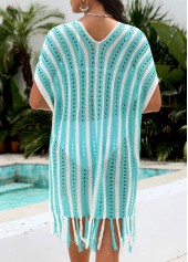 Cyan swimwear,Striped swimwear,Geometric swimwear,Cyan Multi Stripe Print V Neck Cover Up