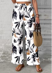 White bottoms,Plants bottoms,Leaf Print White Wide Leg Elastic Waist Pants