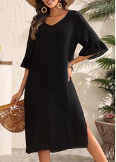Black swimwear,Plain Color swimwear,Split Black V Neck Cover Up