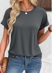 Dark Grey tops,Plain Color tops,ROTITA Dark Grey Round Neck Short Sleeve T Shirt