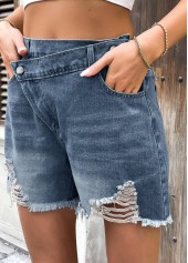 Denim Blue bottoms,Plain Color bottoms,Denim Blue Button Fly High Waisted Shorts