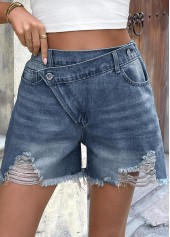 Denim Blue bottoms,Plain Color bottoms,Denim Blue Button Fly High Waisted Shorts