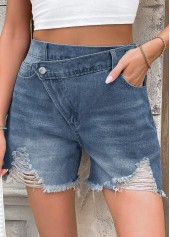 Denim Blue bottoms,Plain Color bottoms,Denim Blue Button Fly High Waisted Shorts