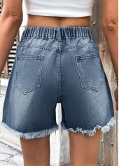 Denim Blue bottoms,Plain Color bottoms,Denim Blue Button Fly High Waisted Shorts