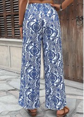 Dark Blue bottoms,Tribal bottoms,Tribal Print Dark Blue Wide Leg Elastic Waist Pants