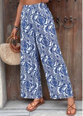 Dark Blue bottoms,Tribal bottoms,Tribal Print Dark Blue Wide Leg Elastic Waist Pants