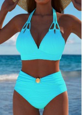 Cyan swimwear,Plain Color swimwear,ROTITA Cyan Mid Waisted Patchwork Bikini Set