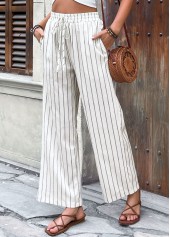 Beige bottoms,Striped bottoms,Geometric bottoms,Striped Beige Wide Leg Elastic Waist High Waisted Pants
