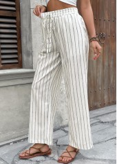 Beige bottoms,Striped bottoms,Geometric bottoms,Striped Beige Wide Leg Elastic Waist High Waisted Pants