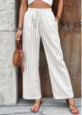 Beige bottoms,Striped bottoms,Geometric bottoms,Striped Beige Wide Leg Elastic Waist High Waisted Pants