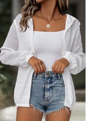 White tops,Plain Color tops,ROTITA White Crinkled Texture Long Sleeve Jacket