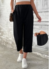 schwarze Hose mit geradem Bein und hoher Taille und elastischem Bund